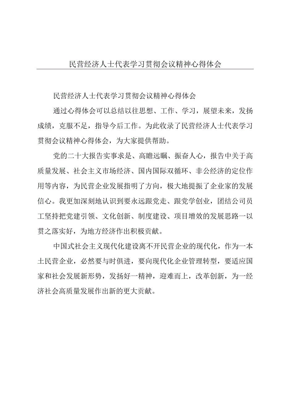 民营经济人士代表学习贯彻会议精神心得体会.docx_第1页