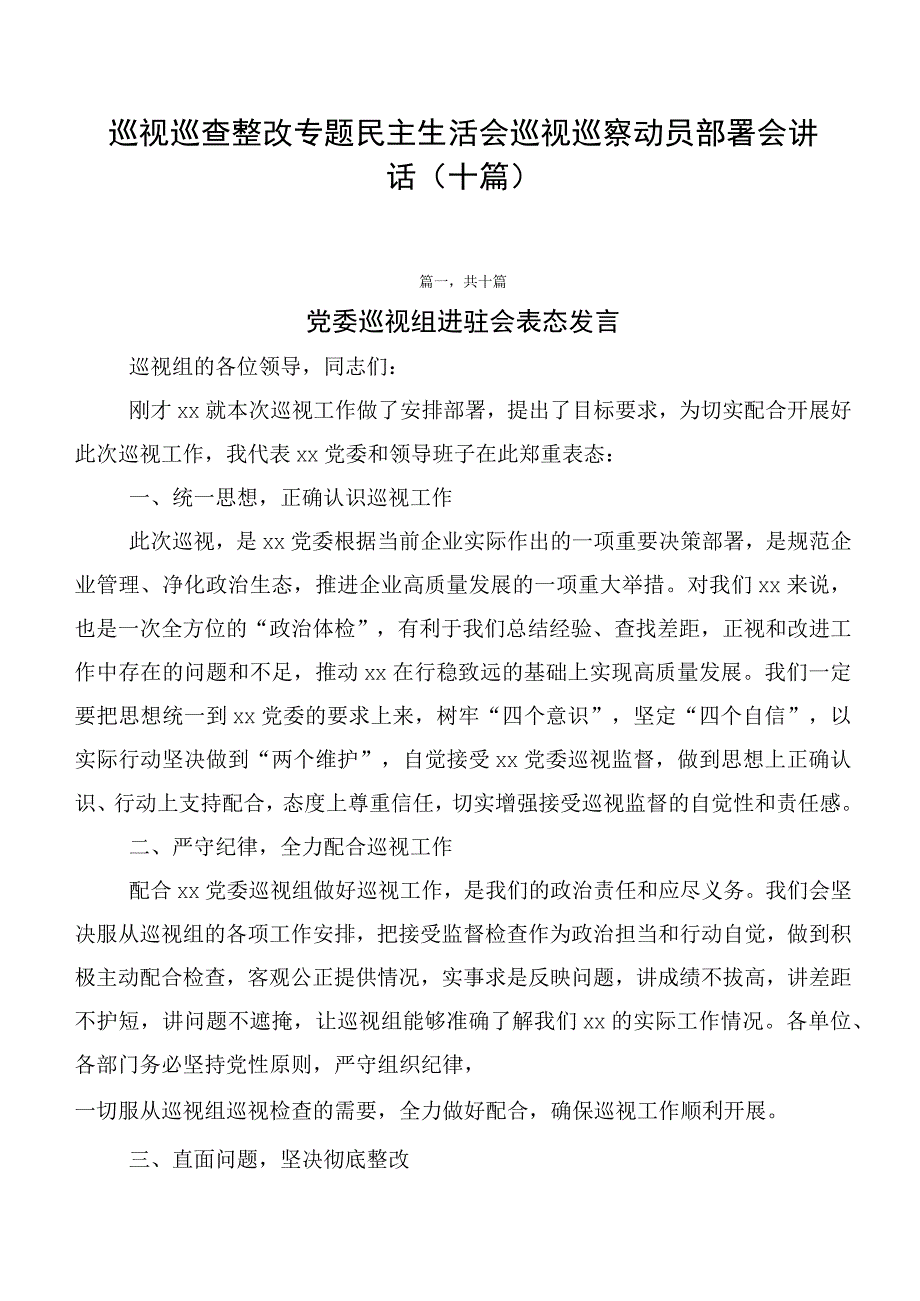 巡视巡查整改专题民主生活会巡视巡察动员部署会讲话（十篇）.docx_第1页