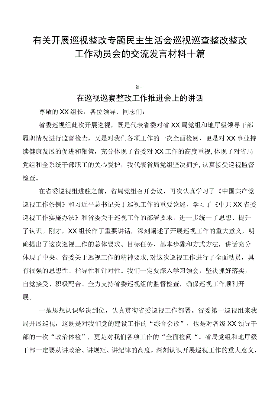 有关开展巡视整改专题民主生活会巡视巡查整改整改工作动员会的交流发言材料十篇.docx_第1页