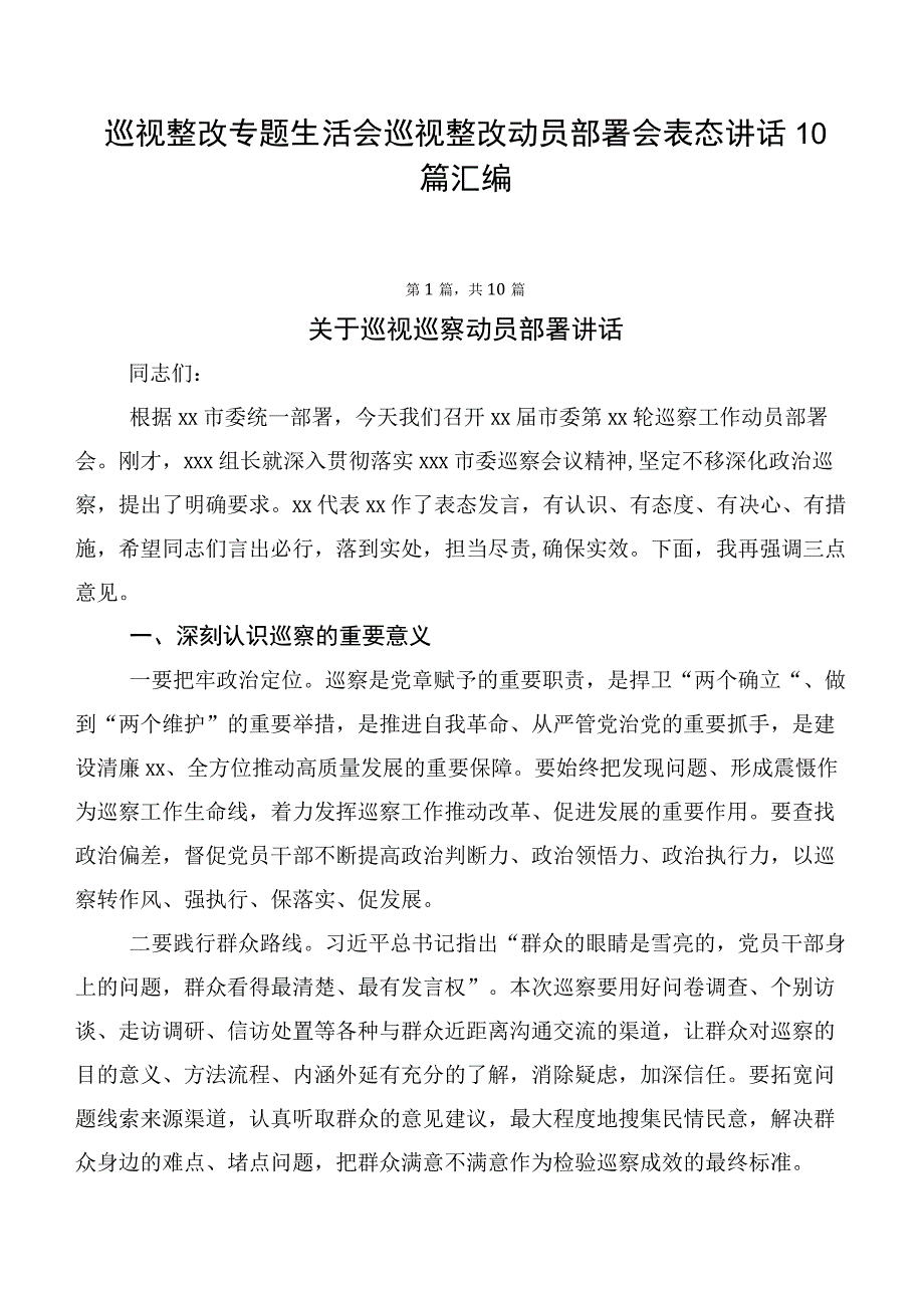 巡视整改专题生活会巡视整改动员部署会表态讲话10篇汇编.docx_第1页