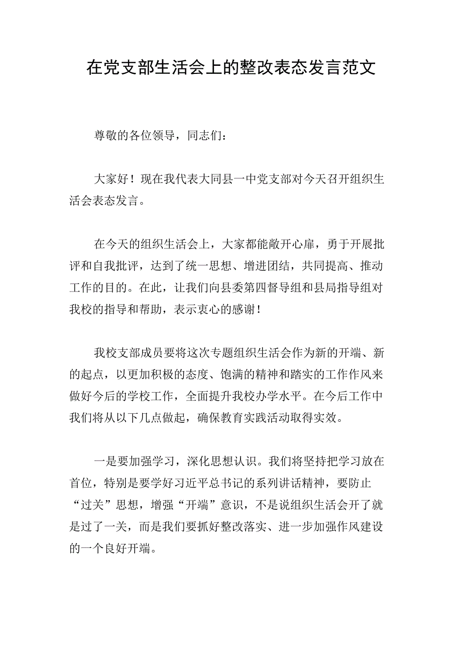 在党支部生活会上的整改表态发言范文.docx_第1页