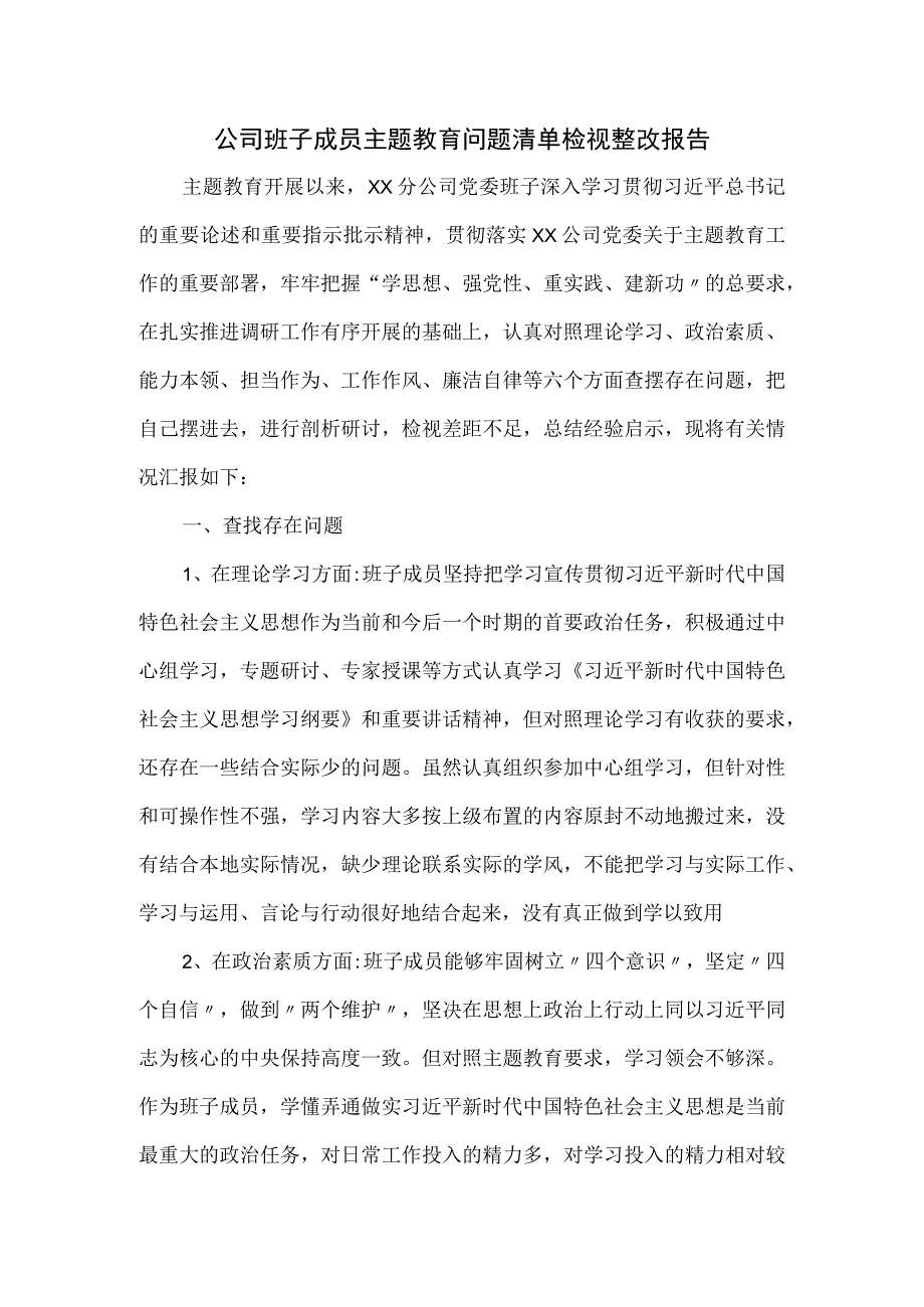 公司班子成员主题教育问题清单检视整改报告.docx_第1页