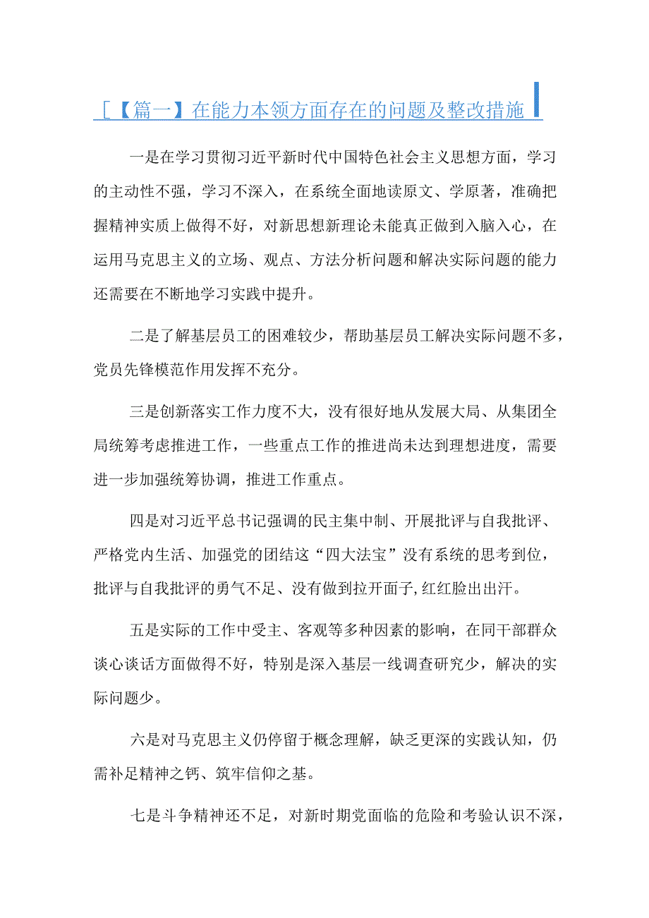 在能力本领方面存在的问题及整改措施.docx_第1页