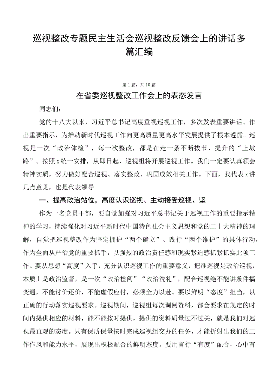 巡视整改专题民主生活会巡视整改反馈会上的讲话多篇汇编.docx_第1页