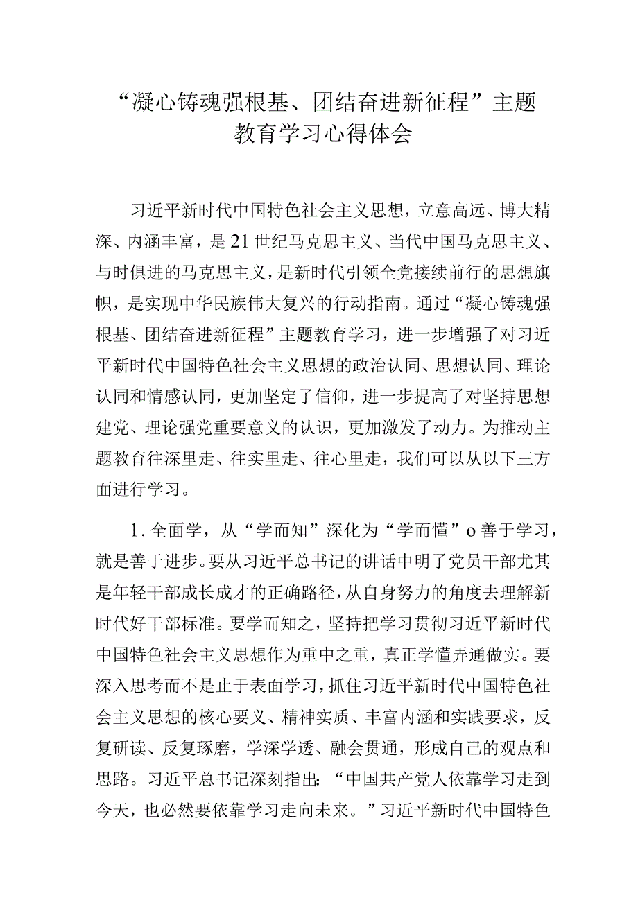 “凝心铸魂强根基、团结奋进新征程”主题教育学习心得体会.docx_第1页