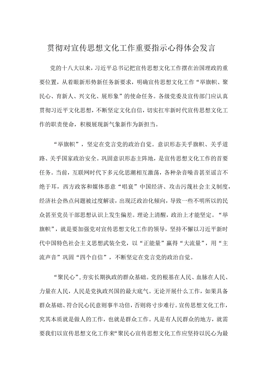 贯彻对宣传思想文化工作重要指示心得体会发言.docx_第1页