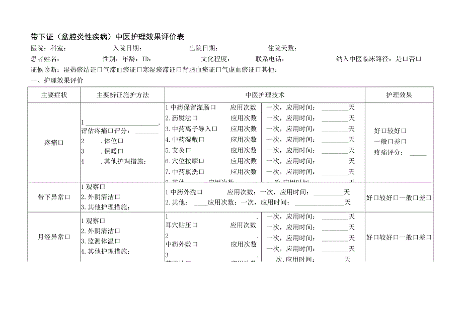 带下证（盆腔炎性疾病）中医护理效果评价表.docx_第1页