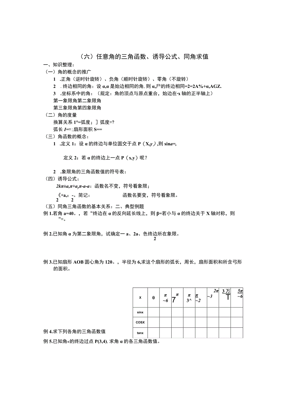 任意角的三角函数、诱导公式、同角求值测试题.docx_第1页