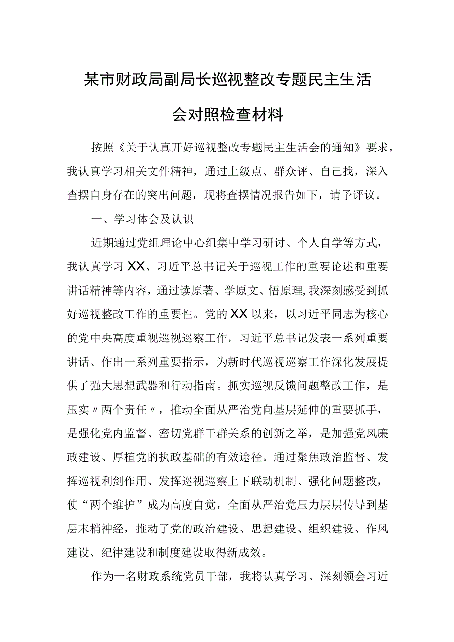 某市财政局副局长巡视整改专题民主生活会对照检查材料.docx_第1页