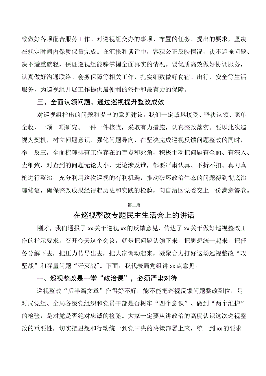 有关开展巡视整改及警示教育专题民主生活会巡视整改整改工作动员会的表态讲话共10篇.docx_第2页