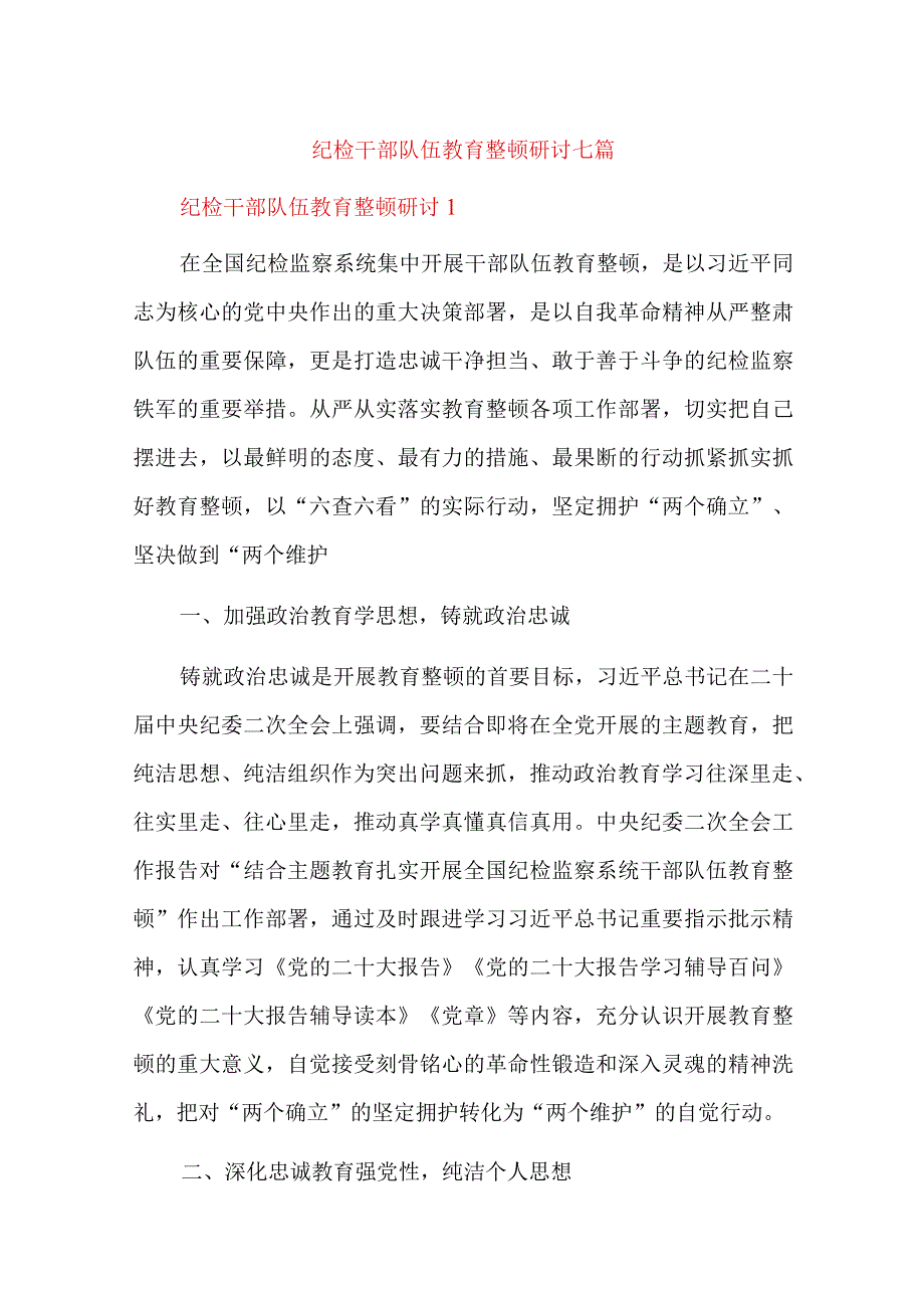 纪检干部队伍教育整顿研讨七篇.docx_第1页