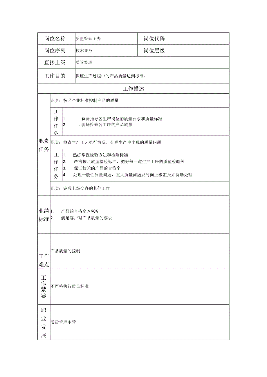 质量管理主办--工业制造类岗位职责说明书.docx_第1页