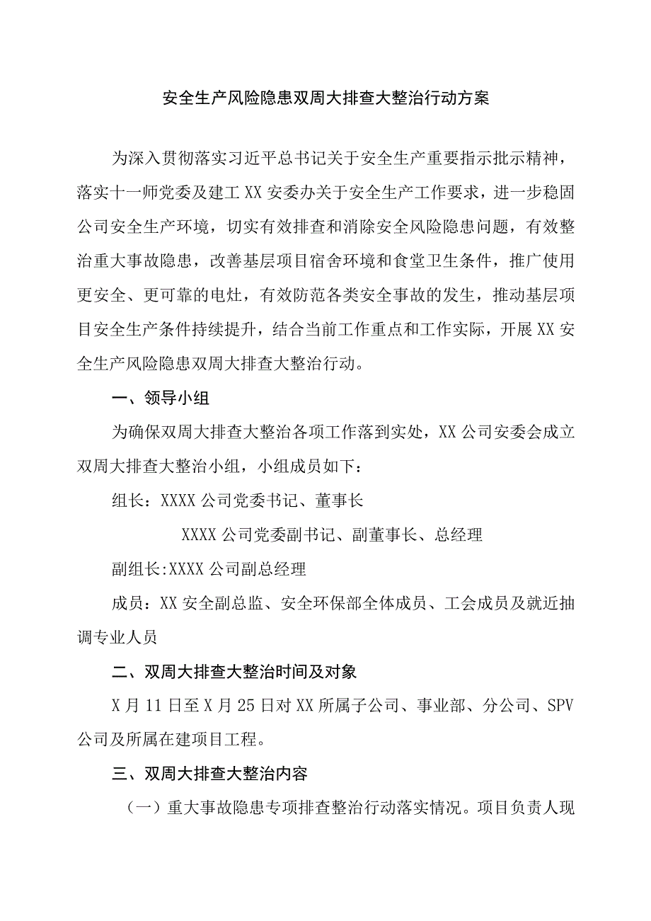 安全生产风险隐患双周大排查大整治行动方案.docx_第1页