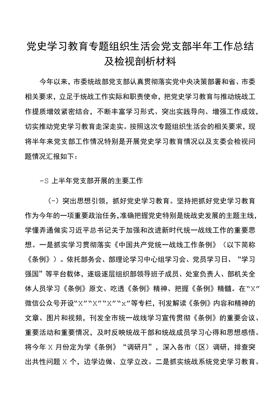 【支部半年总结.组织生活会】党史学习教育专题组织生活会党支部半年工作总结及检视剖析材料.docx_第1页