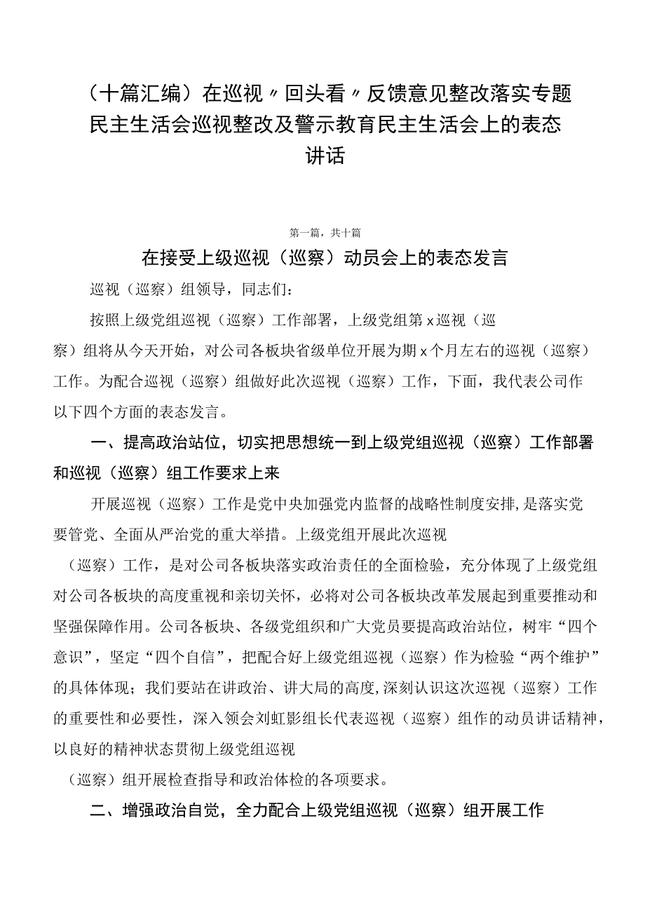 （十篇汇编）在巡视“回头看”反馈意见整改落实专题民主生活会巡视整改及警示教育民主生活会上的表态讲话.docx_第1页