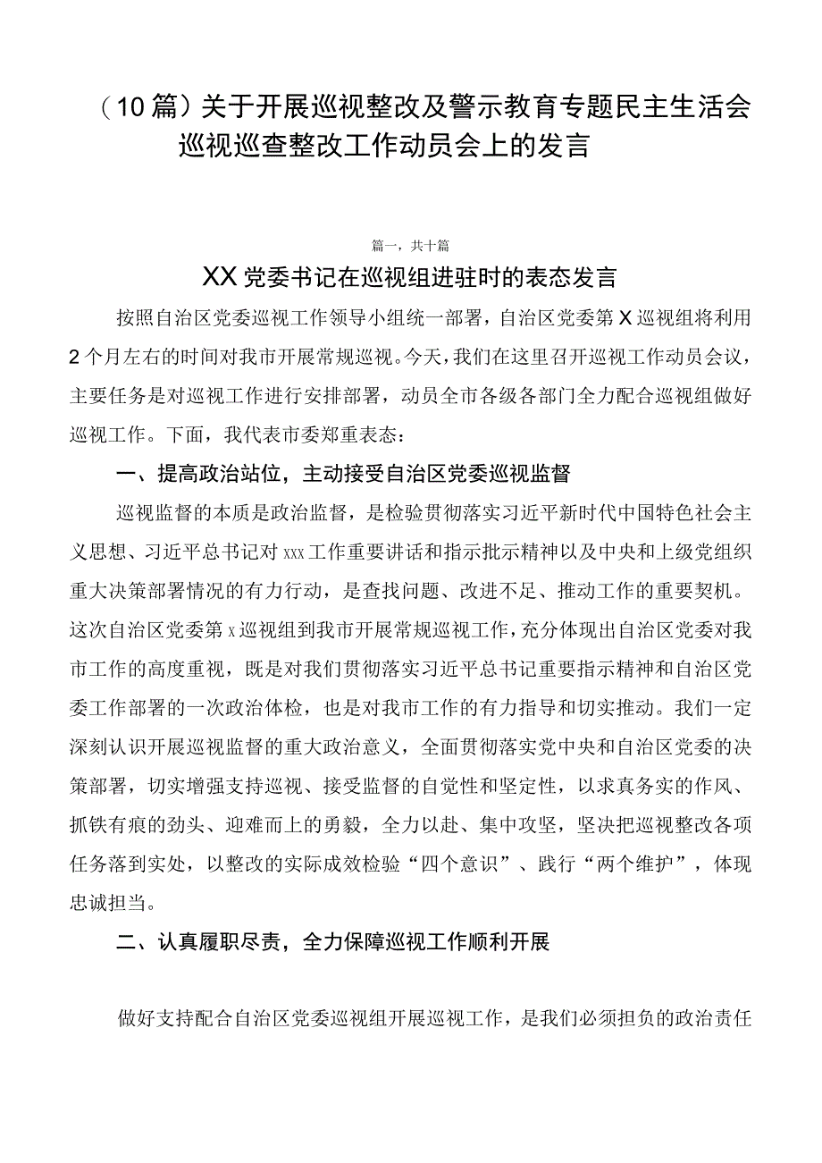 （10篇）关于开展巡视整改及警示教育专题民主生活会巡视巡查整改工作动员会上的发言.docx_第1页