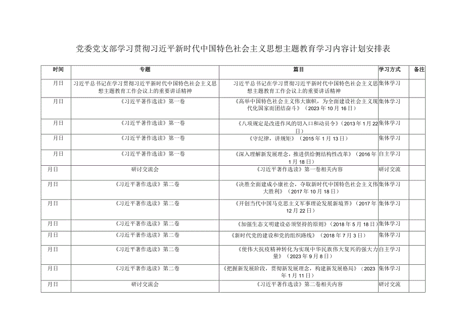 （4篇）党委党支部2023年第二批主题教育学习内容计划安排表（附2023年主题教育专题读书班总结讲话）.docx_第1页