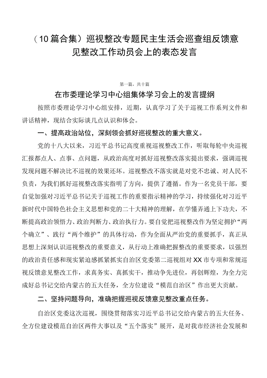 （10篇合集）巡视整改专题民主生活会巡查组反馈意见整改工作动员会上的表态发言.docx_第1页