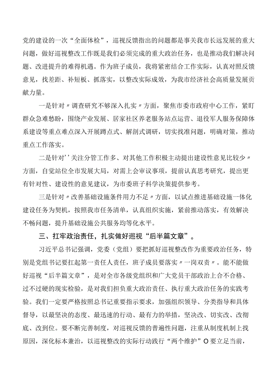 （10篇合集）巡视整改专题民主生活会巡查组反馈意见整改工作动员会上的表态发言.docx_第2页