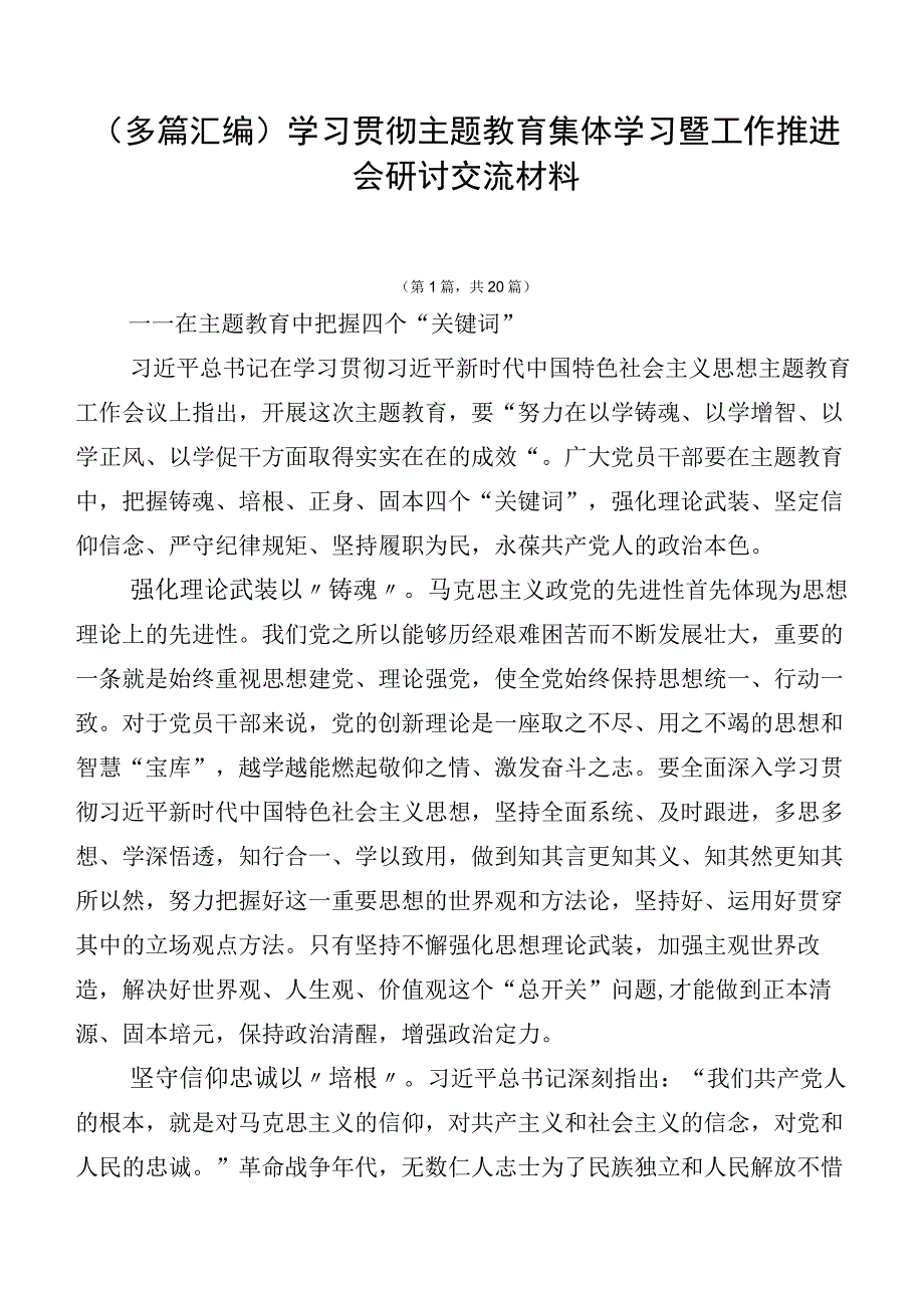 （多篇汇编）学习贯彻主题教育集体学习暨工作推进会研讨交流材料.docx_第1页