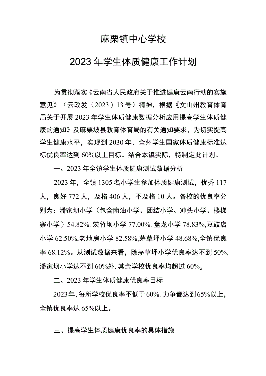 麻栗镇中心学校2023年学生体质健康工作计划.docx_第1页