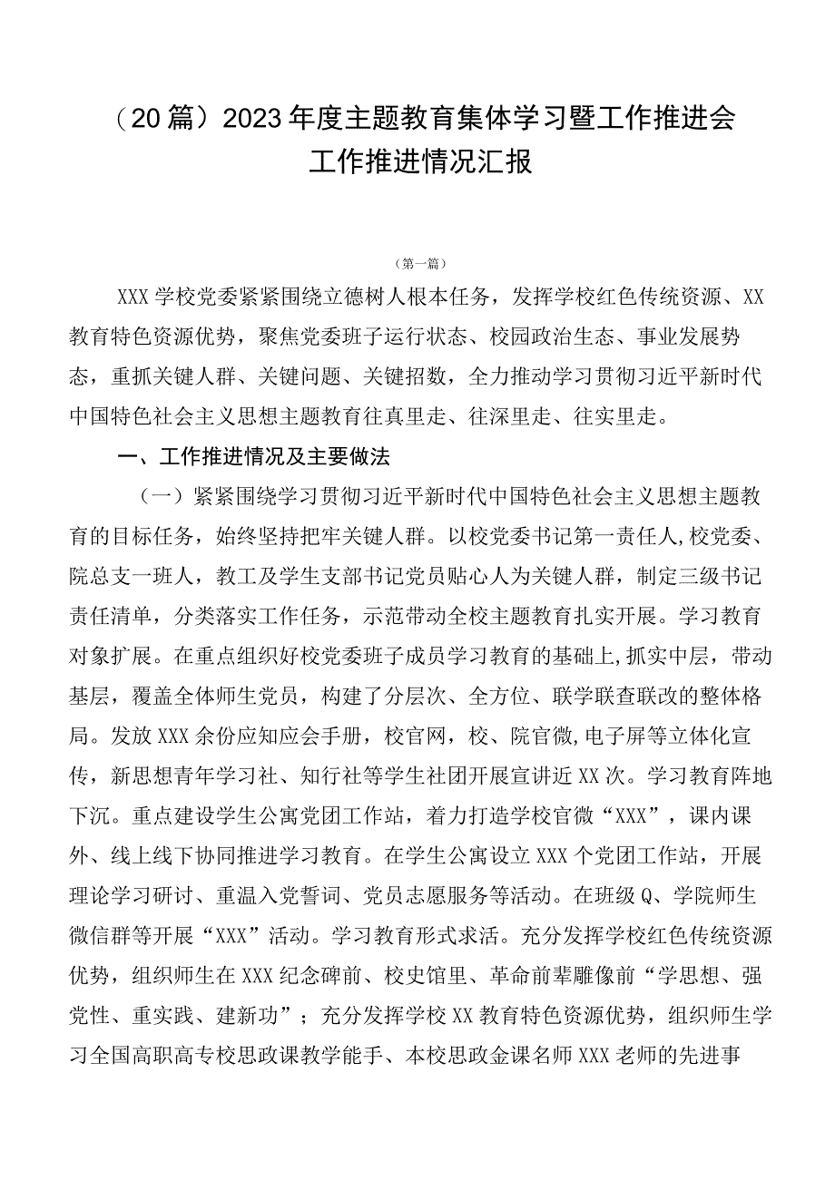 （20篇）2023年度主题教育集体学习暨工作推进会工作推进情况汇报.docx_第1页