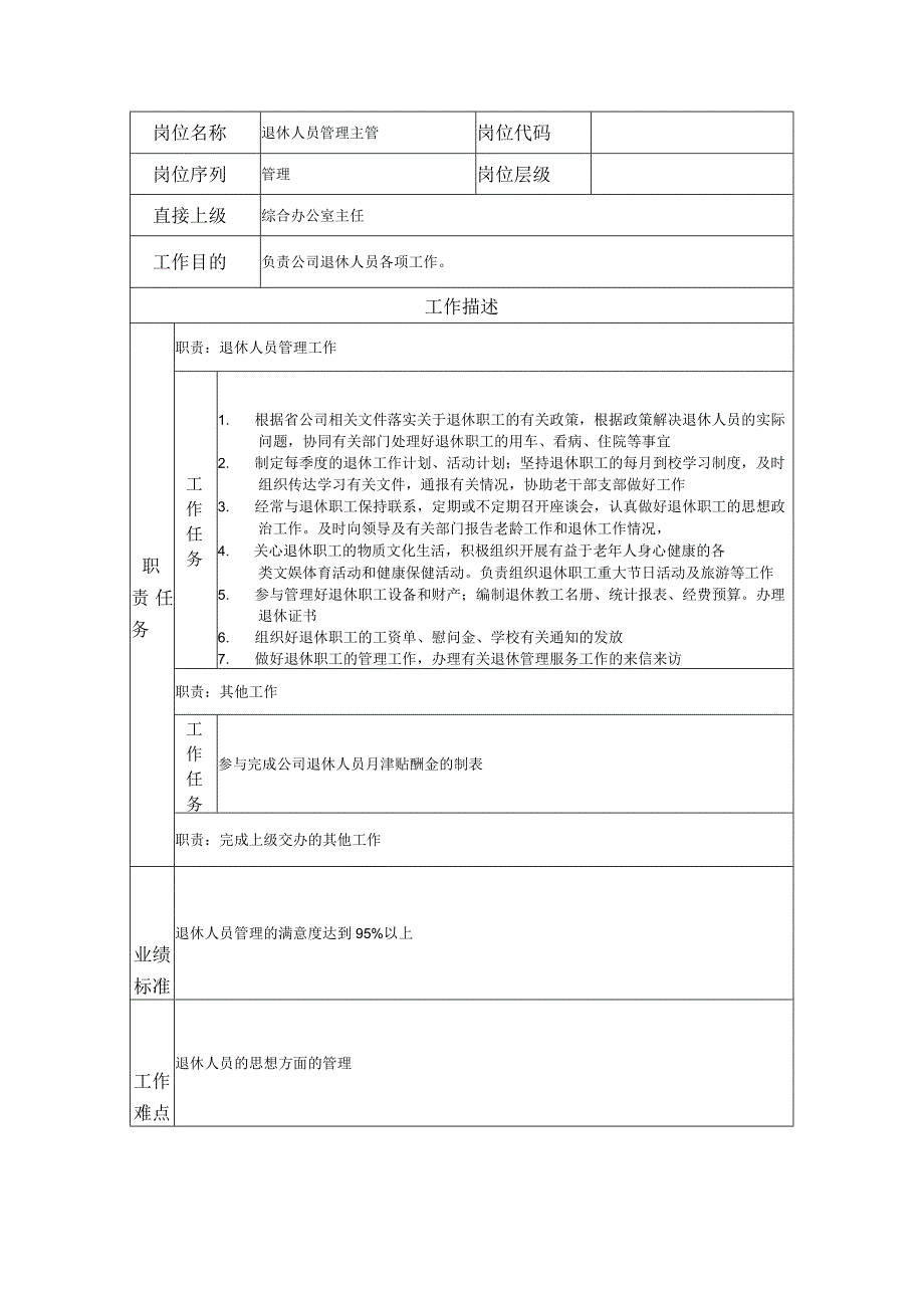 退休人员管理主管--工业制造类岗位职责说明书.docx_第1页