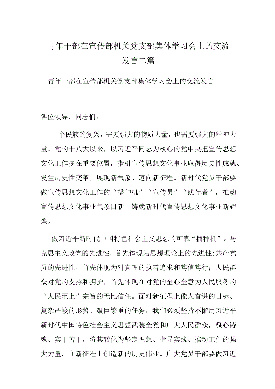 青年干部在宣传部机关党支部集体学习会上的交流发言二篇.docx_第1页