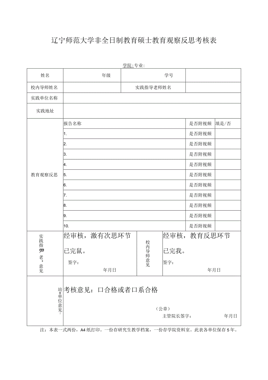 辽宁师范大学非全日制教育硕士教育观察反思考核表.docx_第1页