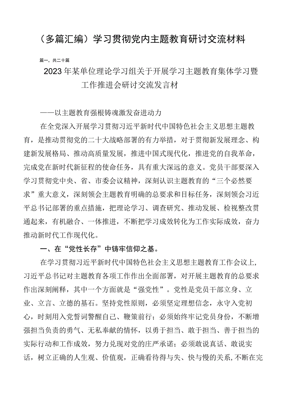 （多篇汇编）学习贯彻党内主题教育研讨交流材料.docx_第1页