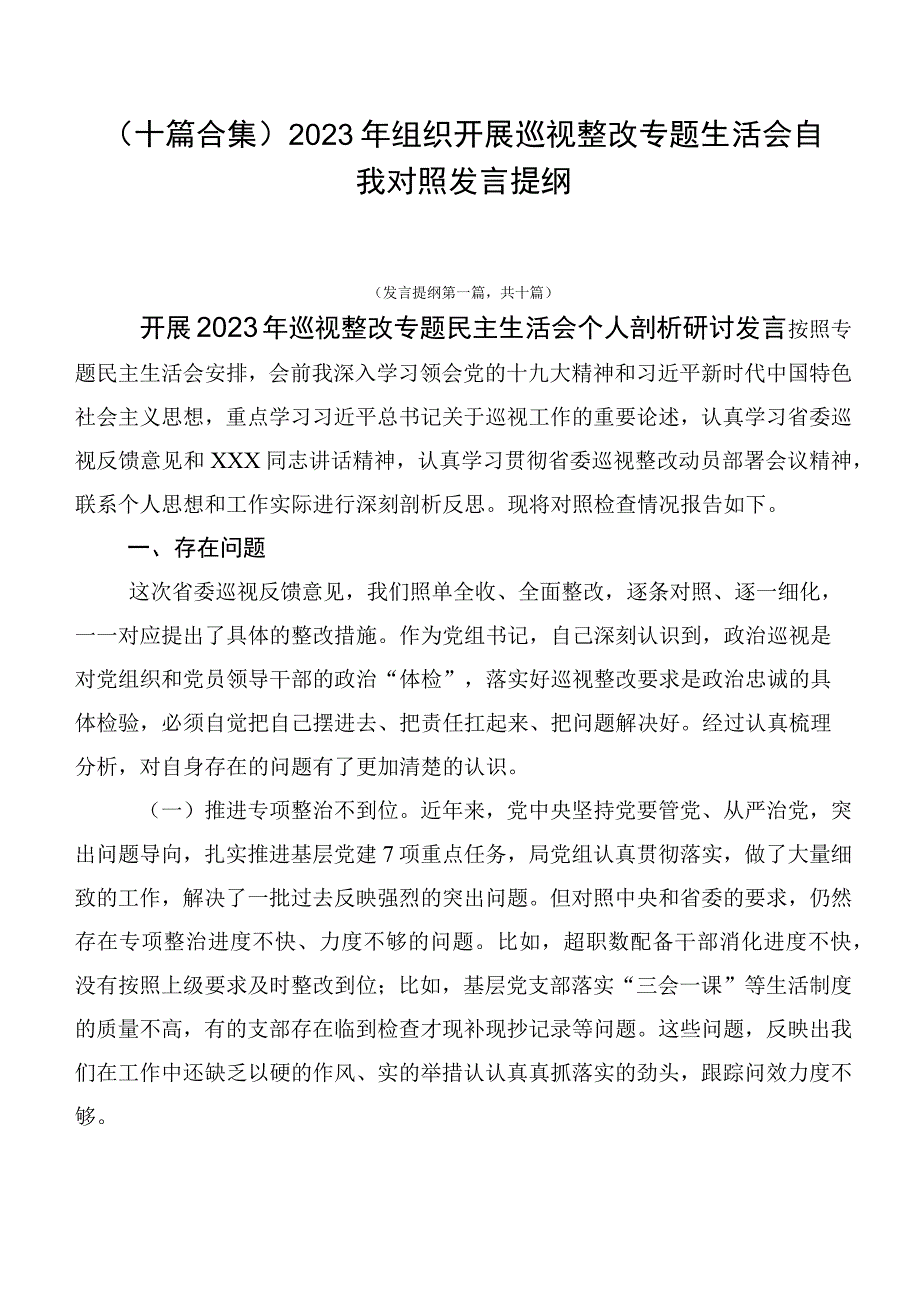 （十篇合集）2023年组织开展巡视整改专题生活会自我对照发言提纲.docx_第1页