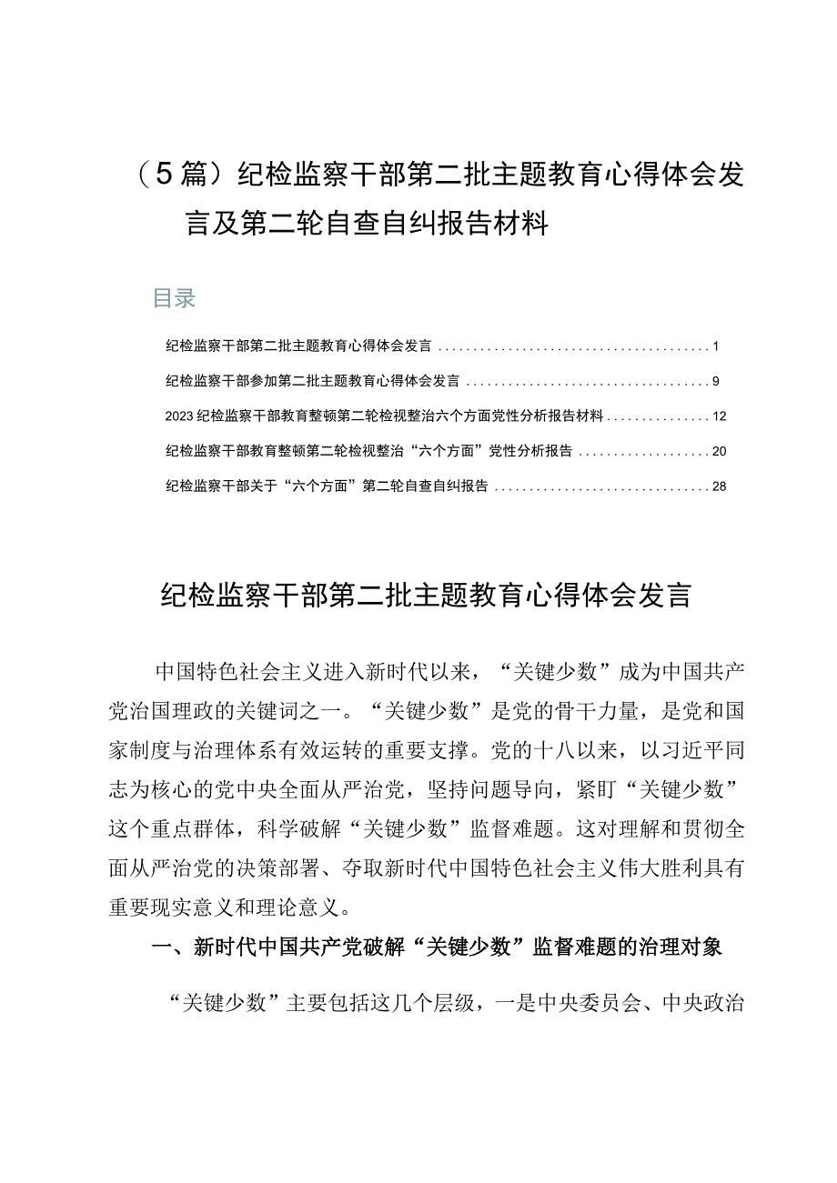 （5篇）纪检监察干部第二批主题教育心得体会发言及第二轮自查自纠报告材料.docx_第1页