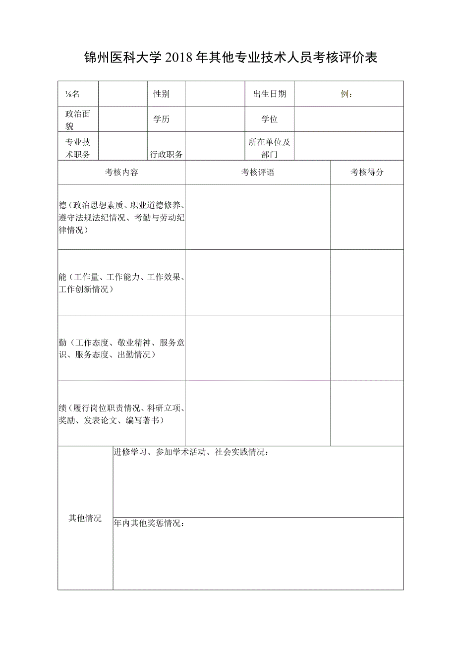 锦州医科大学2018年其他专业技术人员考核评价表.docx_第1页