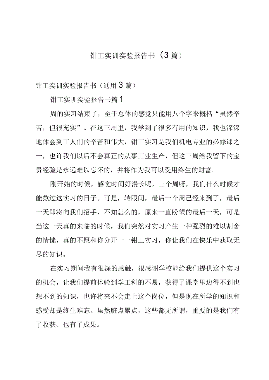 钳工实训实验报告书（3篇）.docx_第1页