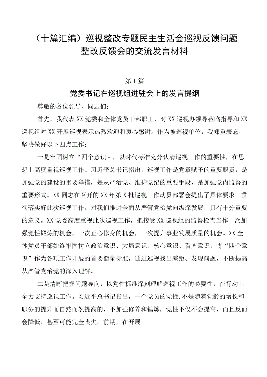 （十篇汇编）巡视整改专题民主生活会巡视反馈问题整改反馈会的交流发言材料.docx_第1页