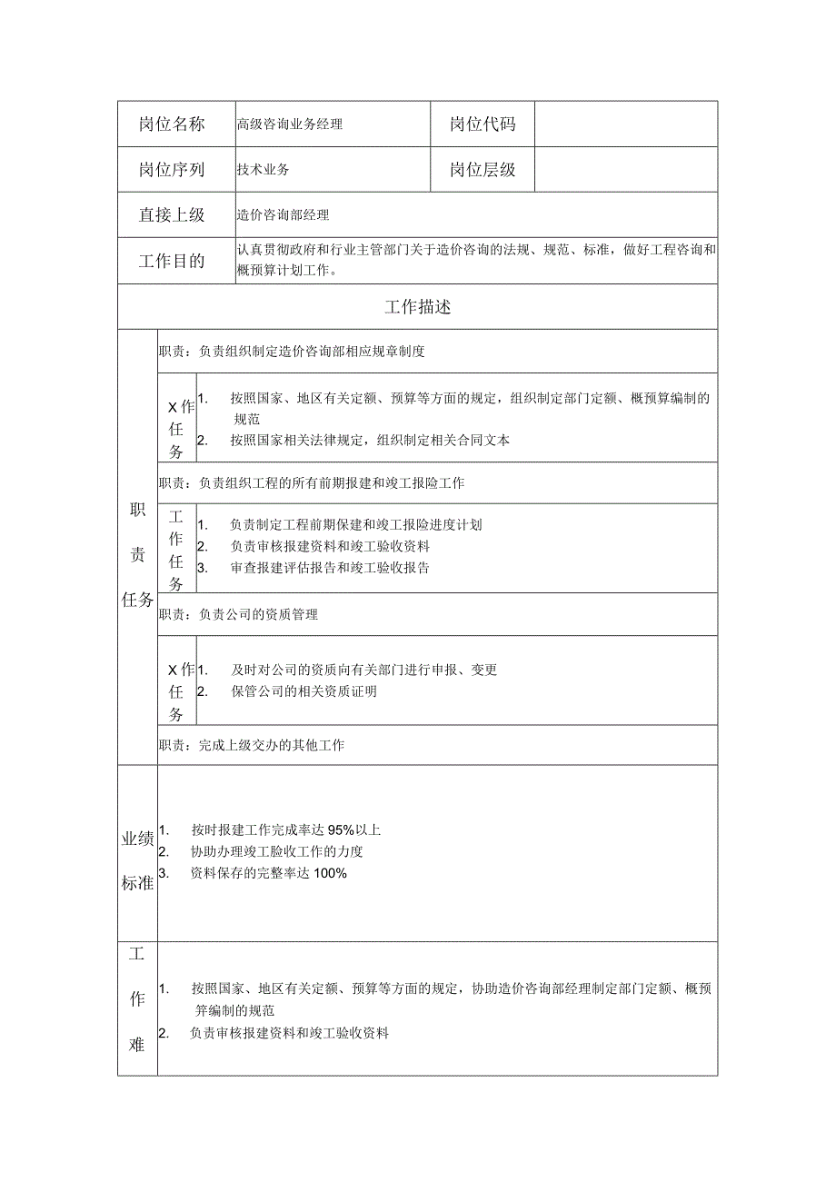 高级咨询业务经理--咨询中介及项目管理类岗位职责说明书.docx_第1页