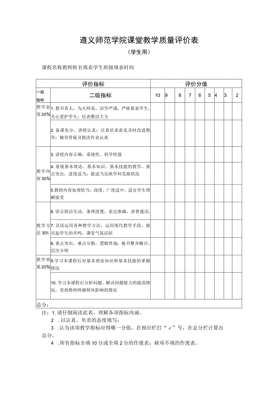 遵义师范学院课堂教学质量评价表.docx_第1页