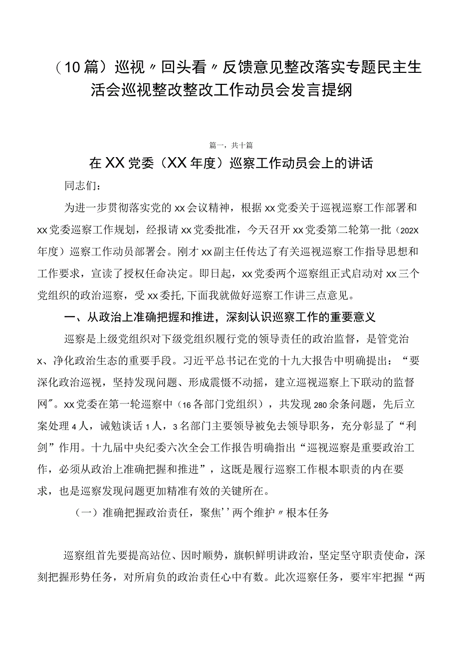 （10篇）巡视“回头看”反馈意见整改落实专题民主生活会巡视整改整改工作动员会发言提纲.docx_第1页