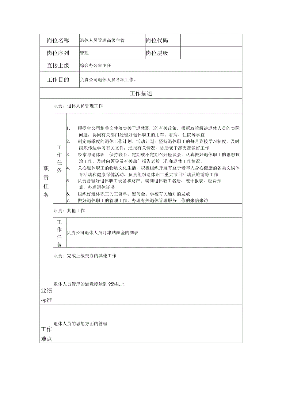 退休人员管理高级主管--工业制造类岗位职责说明书.docx_第1页