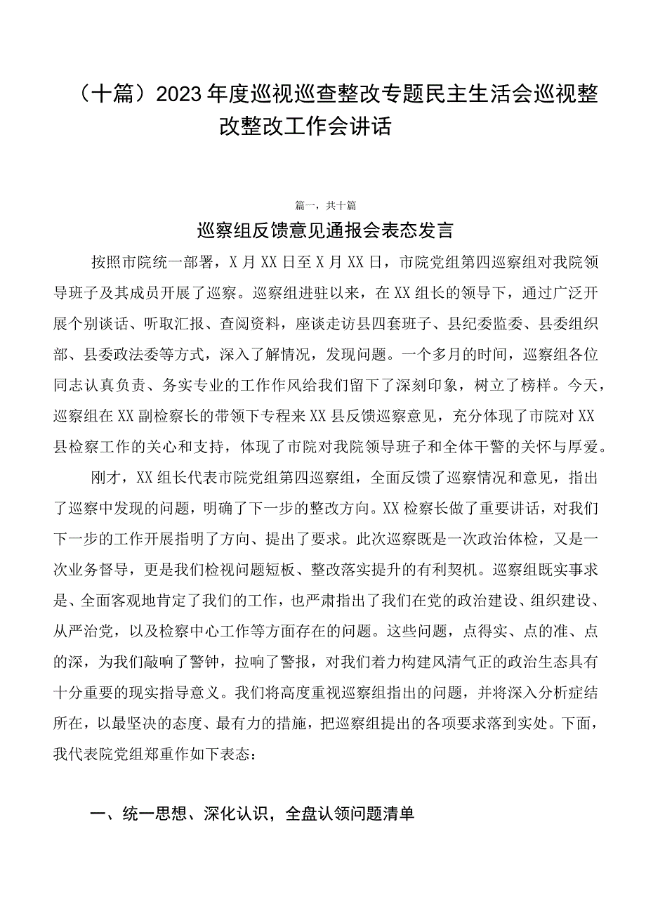 （十篇）2023年度巡视巡查整改专题民主生活会巡视整改整改工作会讲话.docx_第1页