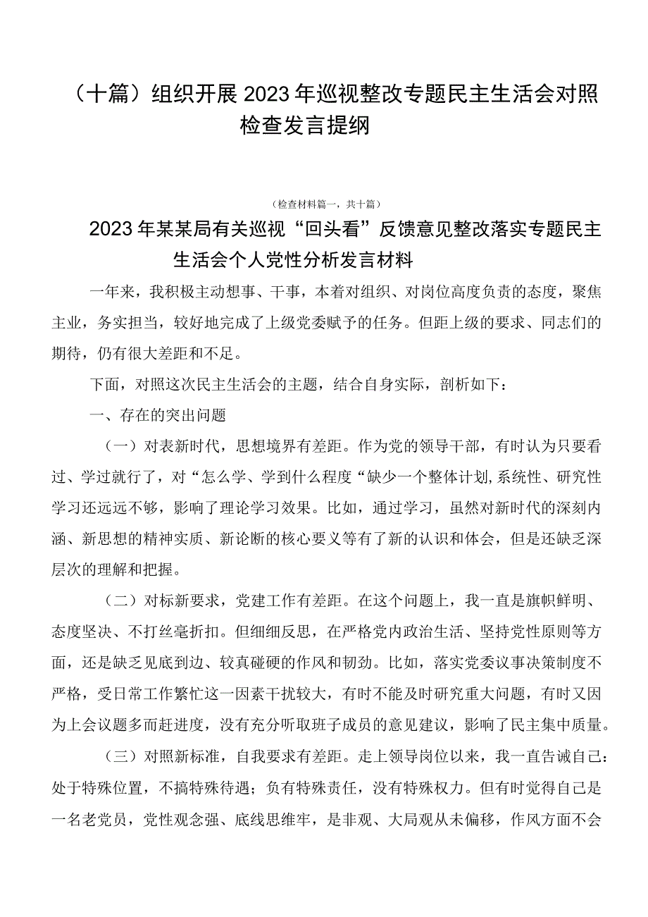 （十篇）组织开展2023年巡视整改专题民主生活会对照检查发言提纲.docx_第1页