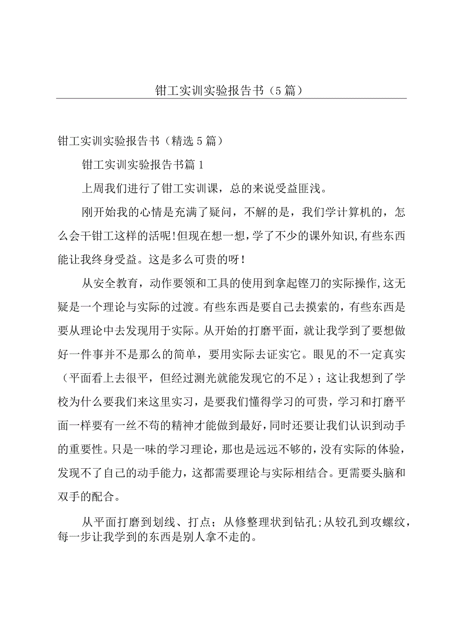 钳工实训实验报告书（5篇）.docx_第1页