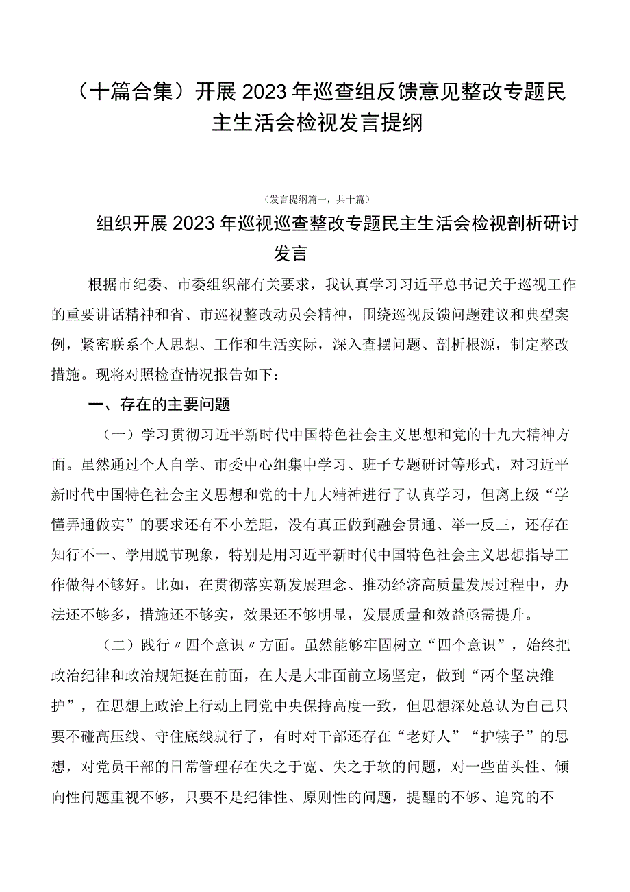 （十篇合集）开展2023年巡查组反馈意见整改专题民主生活会检视发言提纲.docx_第1页