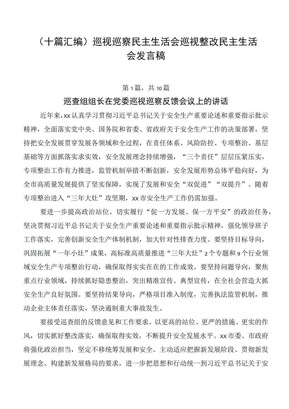 （十篇汇编）巡视巡察民主生活会巡视整改民主生活会发言稿.docx_第1页