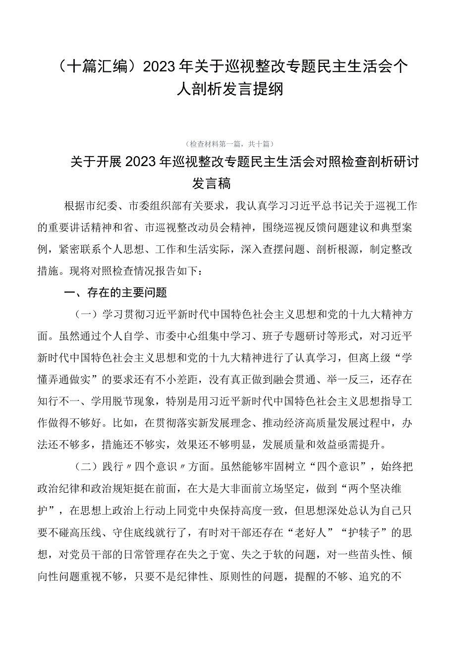 （十篇汇编）2023年关于巡视整改专题民主生活会个人剖析发言提纲.docx_第1页