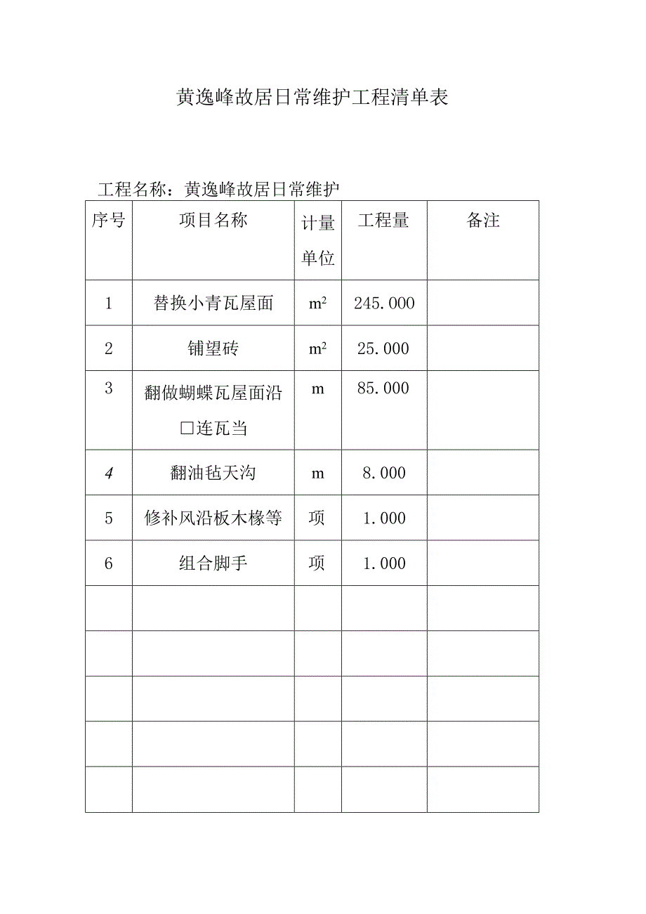 黄逸峰故居日常维护工程清单表.docx_第1页