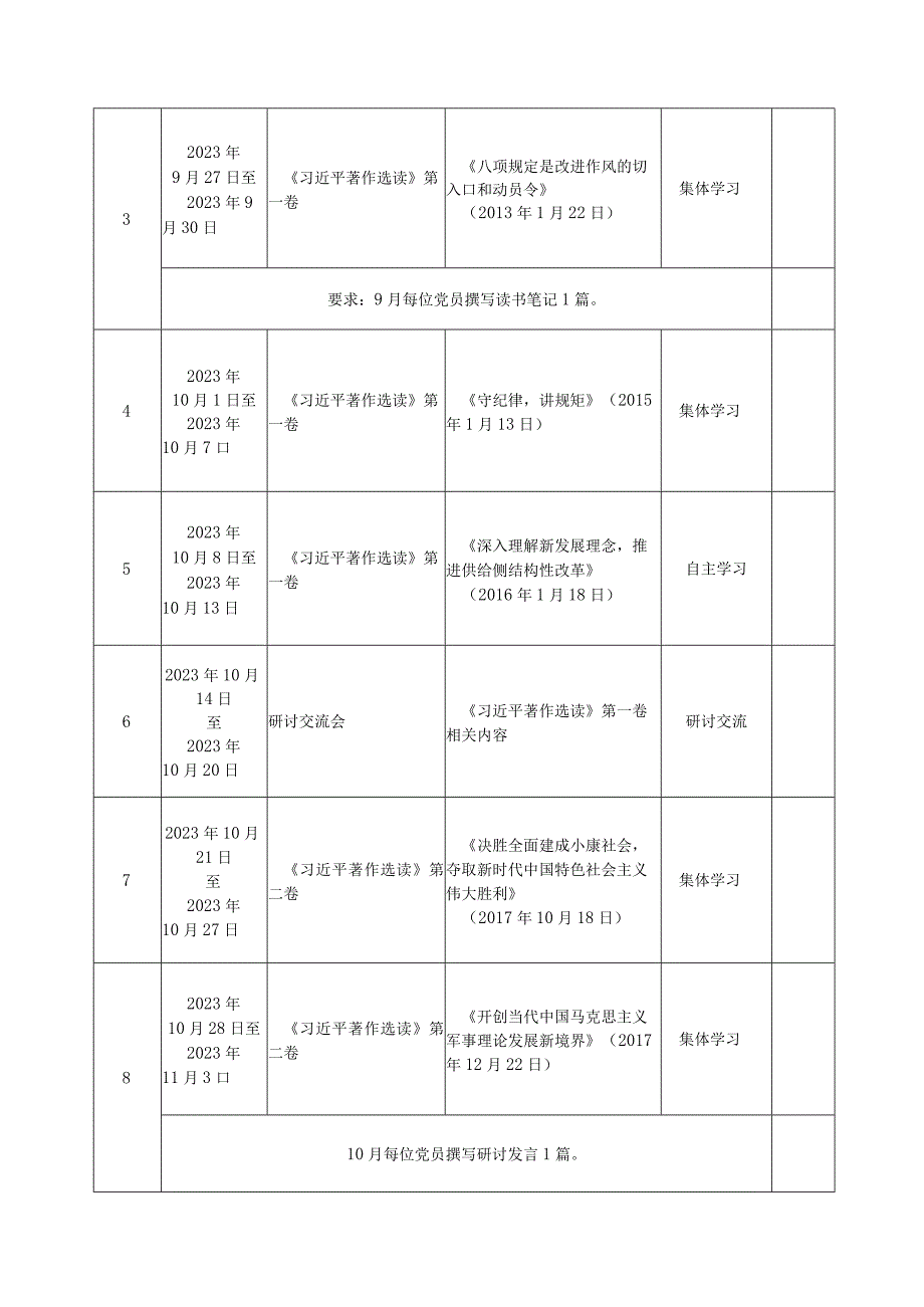 党支部2023年关于开展学习贯彻第二批主题教育学习计划学习任务进度表（范文3篇）.docx_第3页