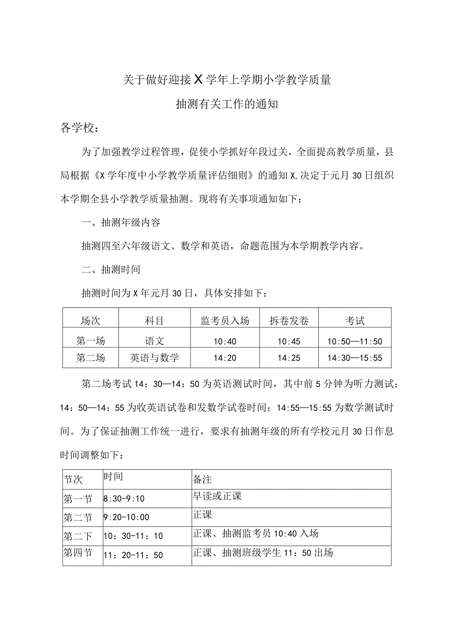 X学校迎接县局教学质量抽测有关工作的实施方案.docx_第1页