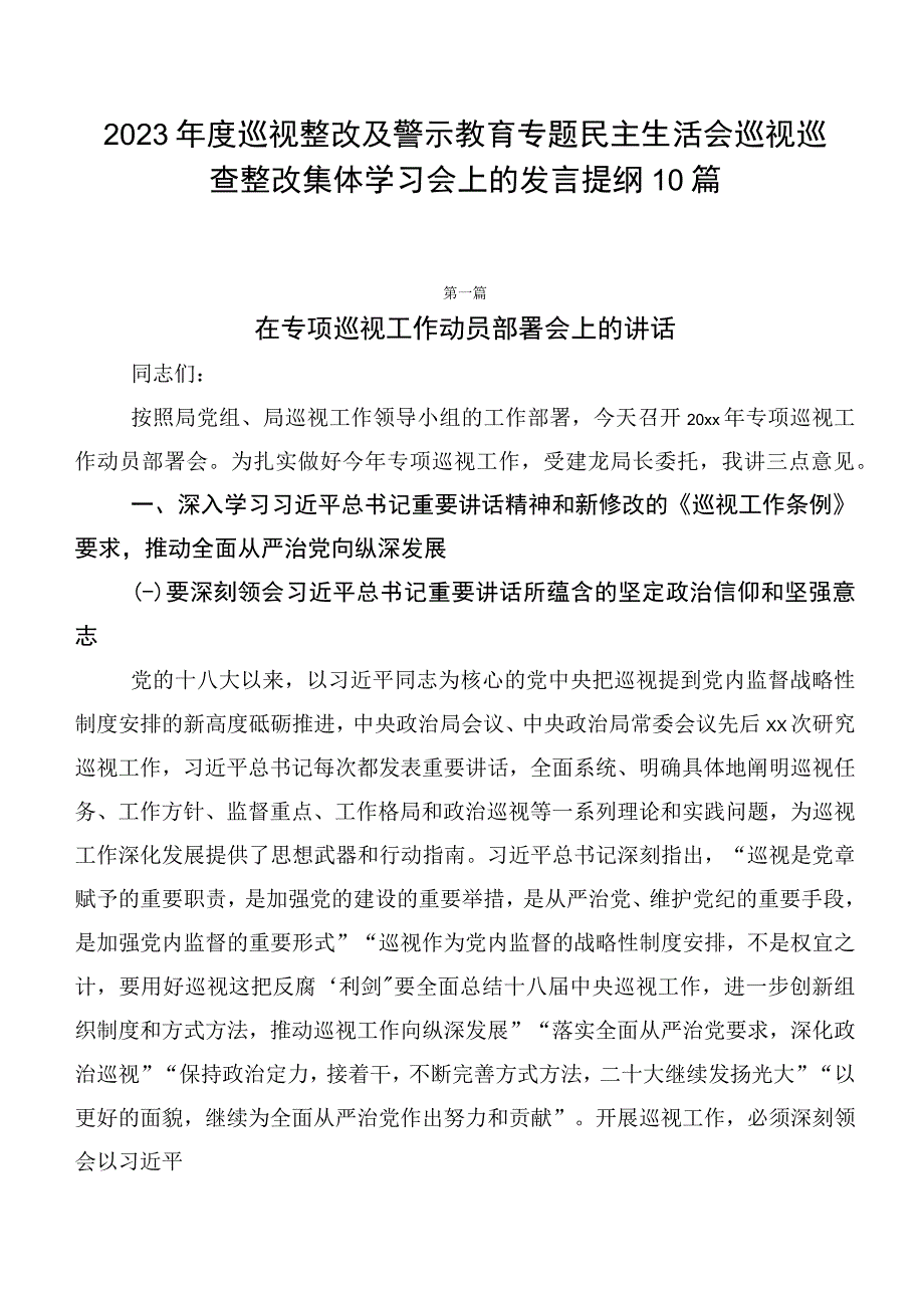 2023年度巡视整改及警示教育专题民主生活会巡视巡查整改集体学习会上的发言提纲10篇.docx_第1页