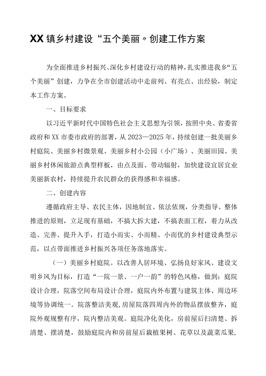 XX镇乡村建设“五个美丽”创建工作方案.docx_第1页